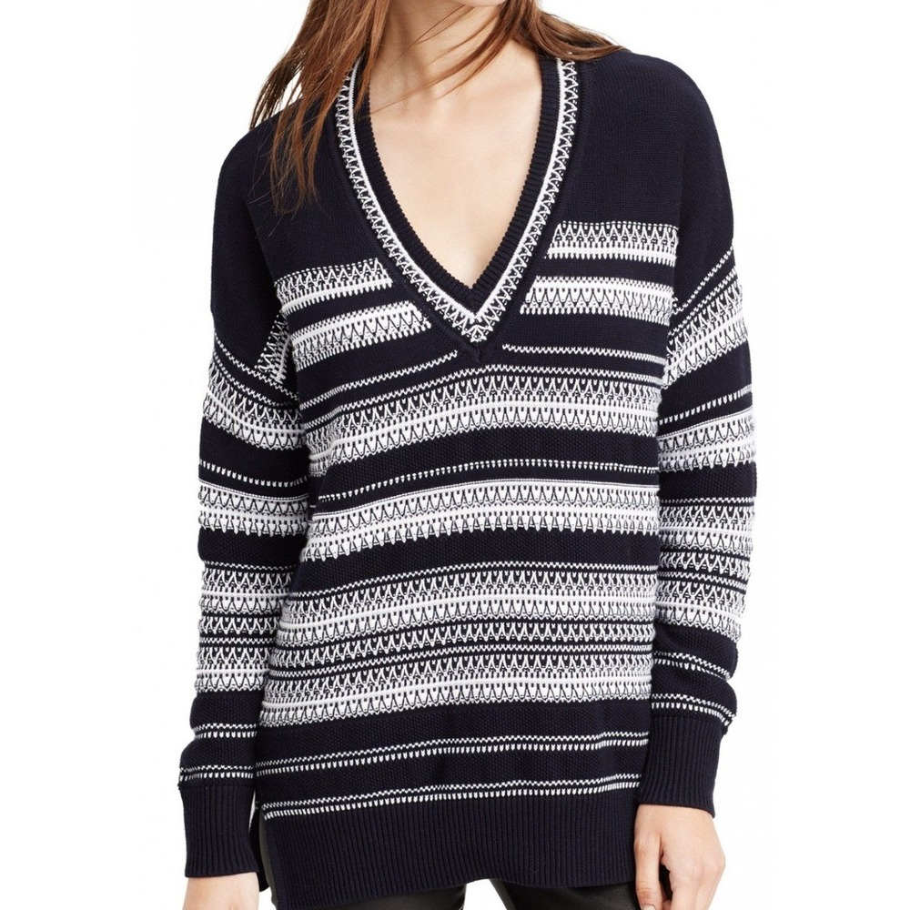 VINCE‎ Textured Fair Isle Navy Blue Striped 100% Cotton V-Neck Sweater Size XS